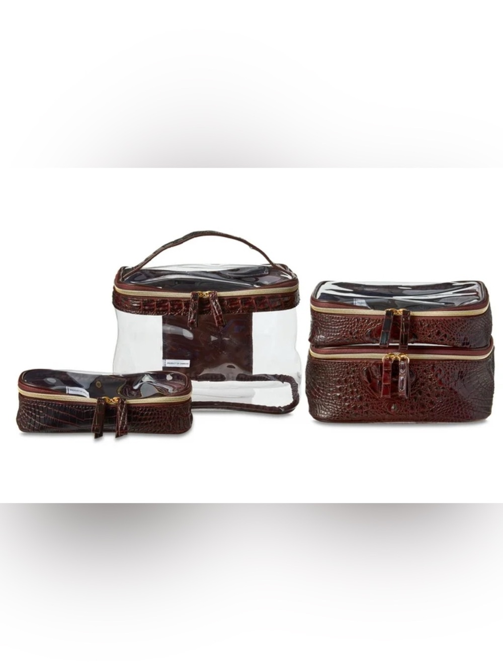 ❤️ NWT 4 Pc. Faux Crocodile Clear Travel Toiletry Makeup Bag Case Set Brown